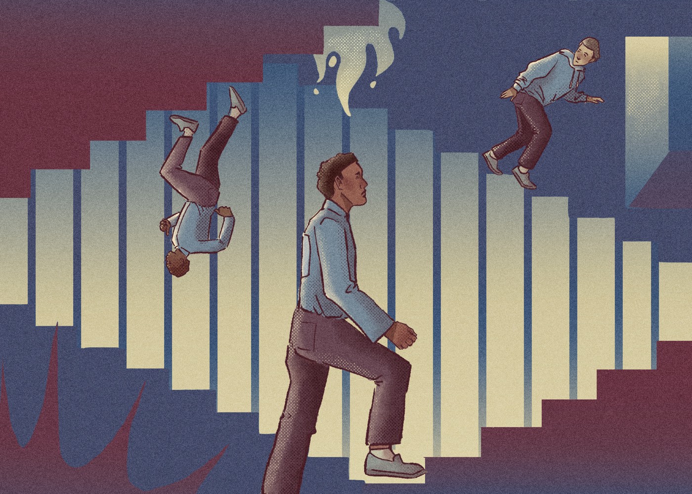 Illustration: figures climbing, falling from and standing among the columns of a bar chart.